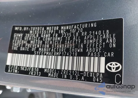 2021 Toyota Corolla Le z USA, uszkodzony, nr VIN 5YFEPMAE8MP174218